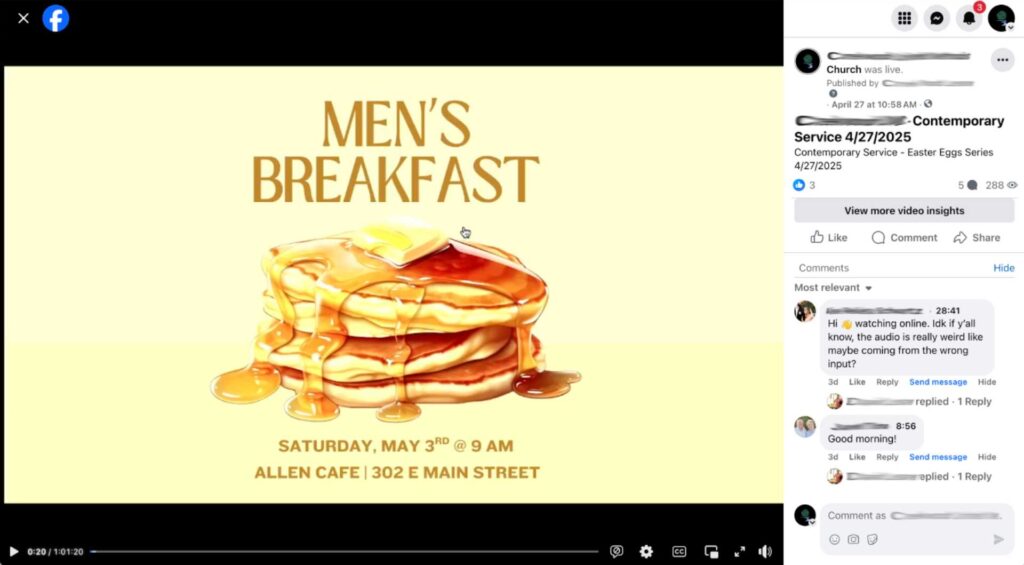 Facebook Live Stream page with chat feature.